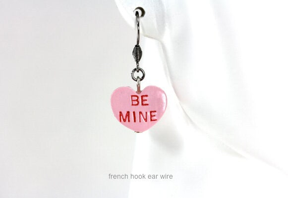 Conversation Heart Earrings, Be Mine XOXO, Candy Heart Earrings, Sweetheart Earrings, Valentine Love Heart Earrings, Candy heart jewelry