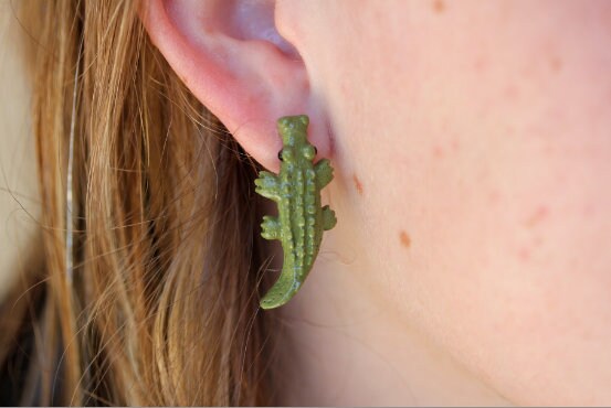 Alligator Earrings, Crocodile University of Florida Gators Mascot Miniature Green Aquatic Reptile Caimans Fun Cute Quirky Novelty Critters