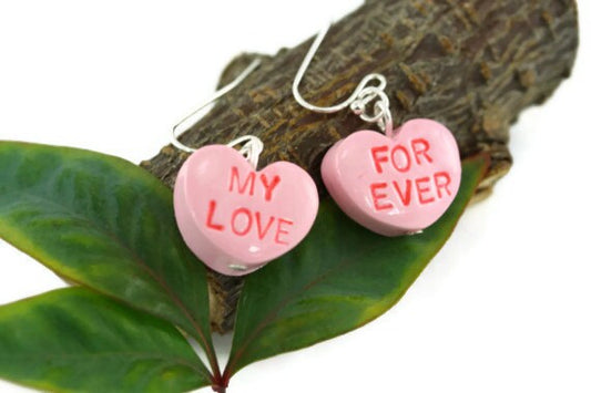 Candy Heart Earrings, Sweetheart Earrings, Candy heart jewelry, Sweetheart jewelry, Conversation Heart, Valentine Love Heart Earrings