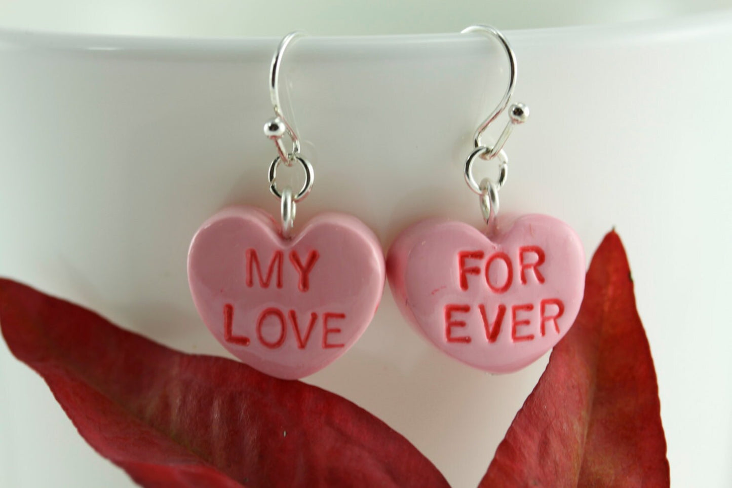 Candy Heart Earrings, Sweetheart Earrings, Candy heart jewelry, Sweetheart jewelry, Conversation Heart, Valentine Love Heart Earrings