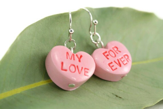 Candy Heart Earrings, Sweetheart Earrings, Candy heart jewelry, Sweetheart jewelry, Conversation Heart, Valentine Love Heart Earrings