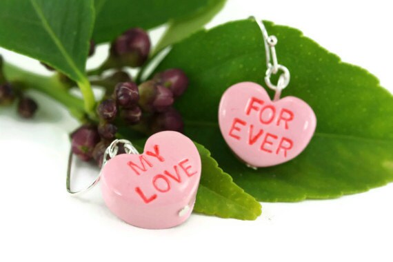 Candy Heart Earrings, Sweetheart Earrings, Candy heart jewelry, Sweetheart jewelry, Conversation Heart, Valentine Love Heart Earrings