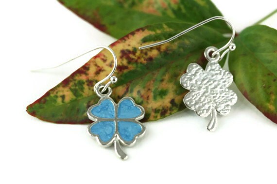 Four Leaf Clover Earrings, Luck O' The Irish, Turquoise and Silver, Shamrock, Lucky Charms, Minimalist Jewelry, St. Patricks Day Jewelry