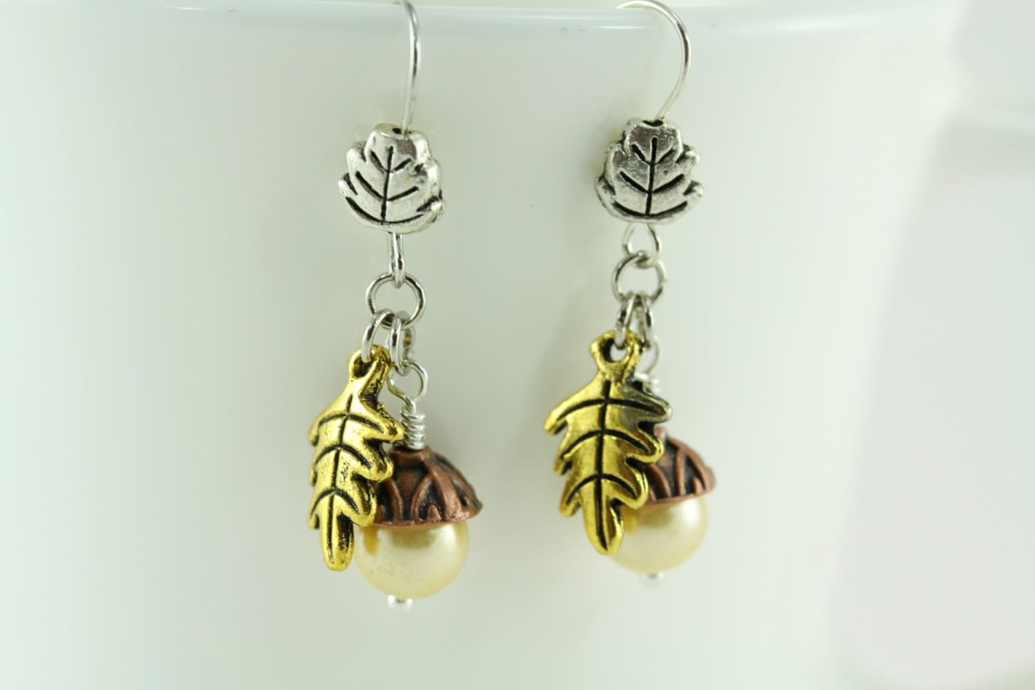 Acorn Earrings, Botanical Romantic Nature Fall Autumn Rustic Oak Leaf Woodland Whimsical Wedding Bridal Bridesmaid Shower Party favor Gift