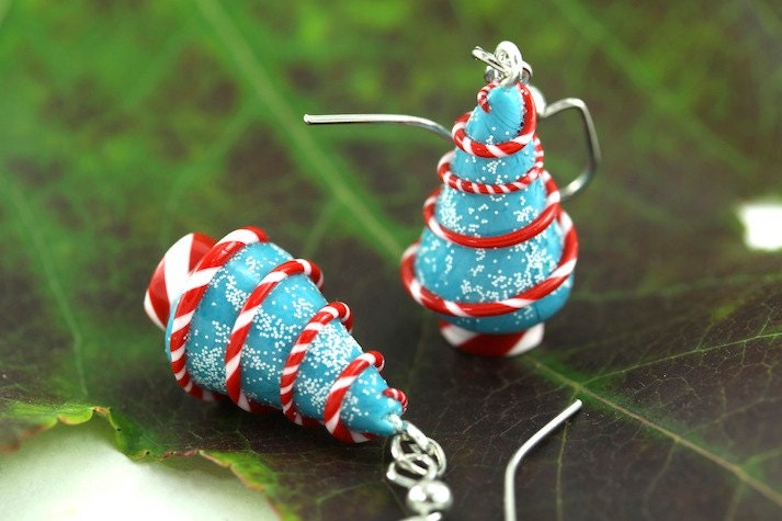 Christmas Earrings, Christmas Tree Earrings, Peppermint Swirl Candy Festive Stocking Stuffer Miniature Tree Whimsical Whimsy Holiday Gift