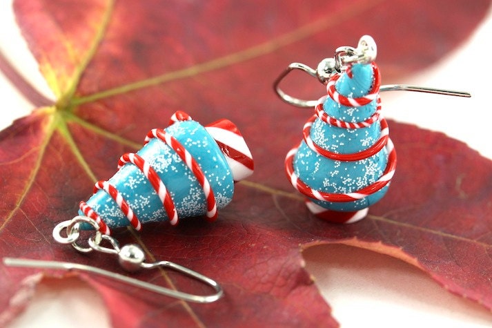 Christmas Earrings, Christmas Tree Earrings, Peppermint Swirl Candy Festive Stocking Stuffer Miniature Tree Whimsical Whimsy Holiday Gift