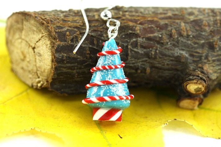 Christmas Earrings, Christmas Tree Earrings, Peppermint Swirl Candy Festive Stocking Stuffer Miniature Tree Whimsical Whimsy Holiday Gift