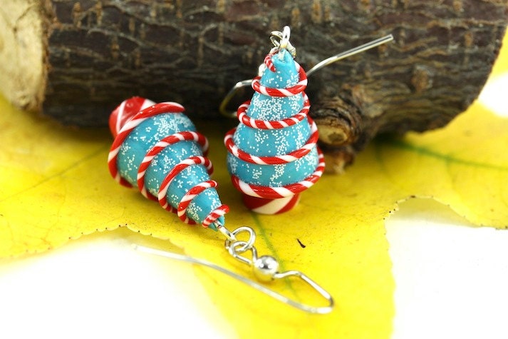 Christmas Earrings, Christmas Tree Earrings, Peppermint Swirl Candy Festive Stocking Stuffer Miniature Tree Whimsical Whimsy Holiday Gift