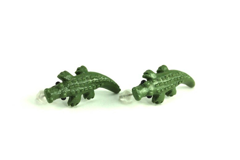 Alligator Earrings, Crocodile University of Florida Gators Mascot Miniature Green Aquatic Reptile Caimans Fun Cute Quirky Novelty Critters