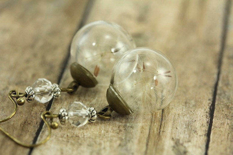 Dandelion Earrings, Dandelion Globe Earrings, Dandelion Jewelry, Rustic Botanical Seed, Graduation Gift, Good Luck Charm, Mother's Day Gift