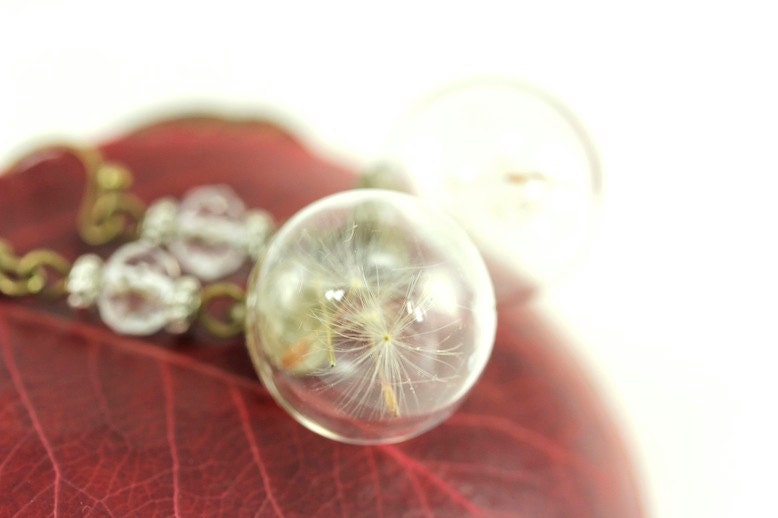 Dandelion Earrings, Dandelion Globe Earrings, Dandelion Jewelry, Rustic Botanical Seed, Graduation Gift, Good Luck Charm, Mother's Day Gift